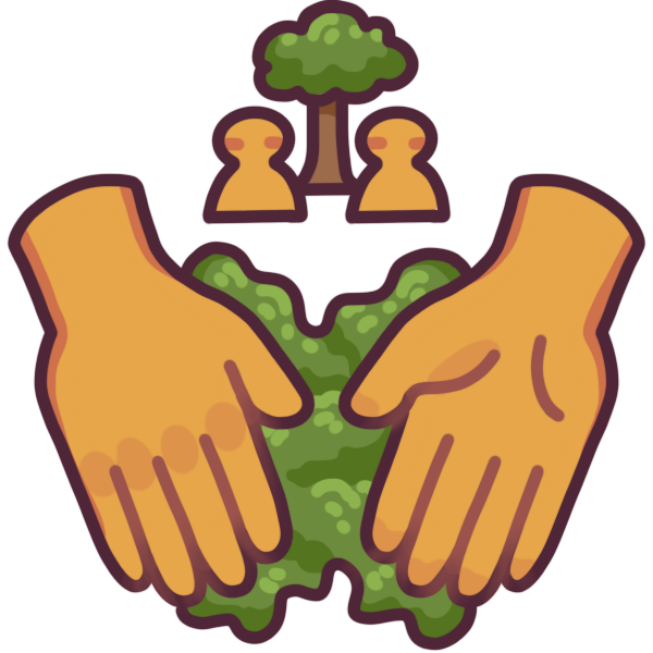 two hands held near each other, with a leafy green blob connecting them. Above is a symbol of two people, and a tree between them.